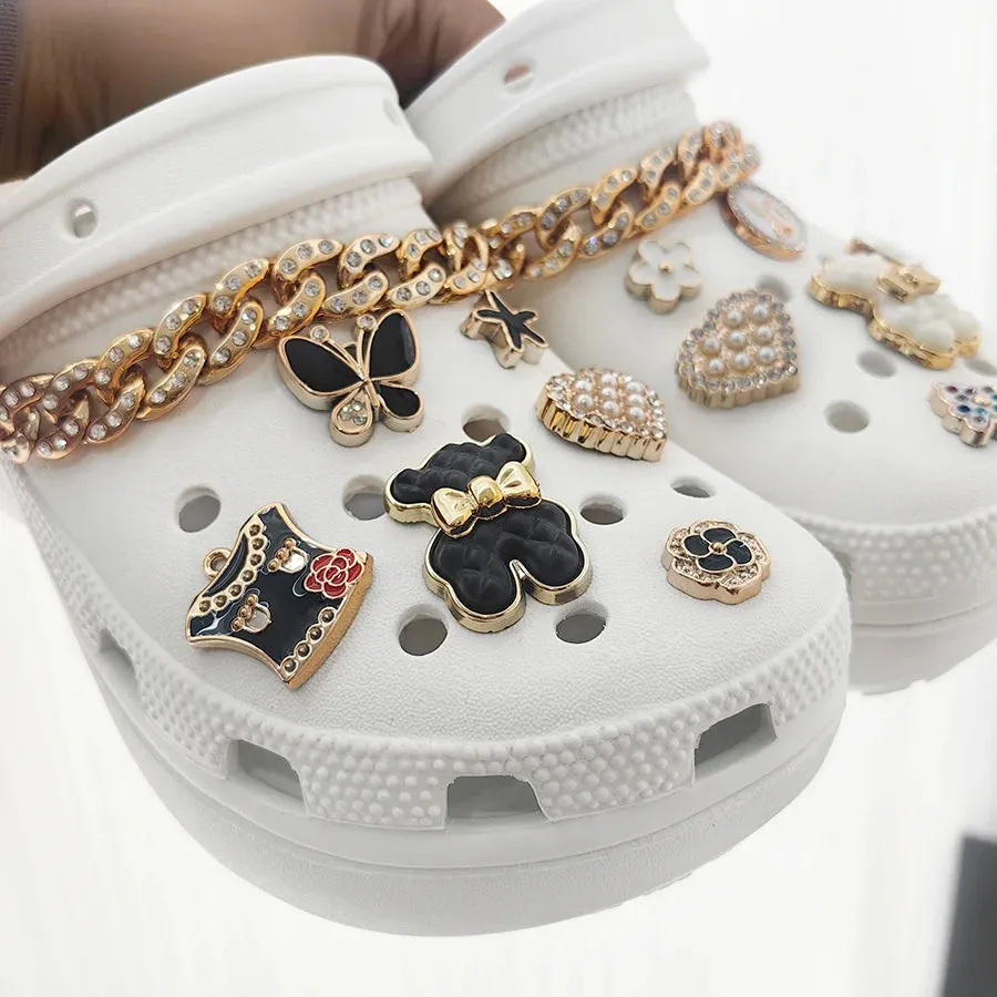 1 Set Cute Bear Faux Pearl Golden Chain Shoe Charms – Gift for Women & Girls