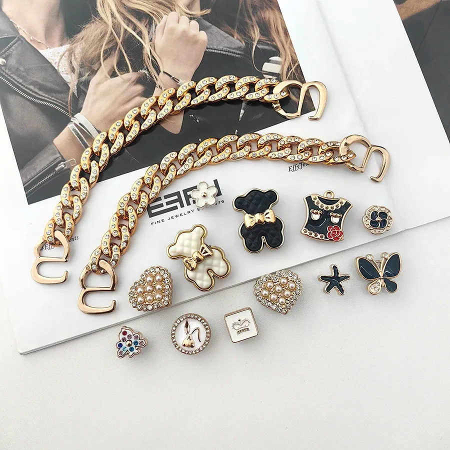 1 Set Cute Bear Faux Pearl Golden Chain Shoe Charms – Gift for Women & Girls