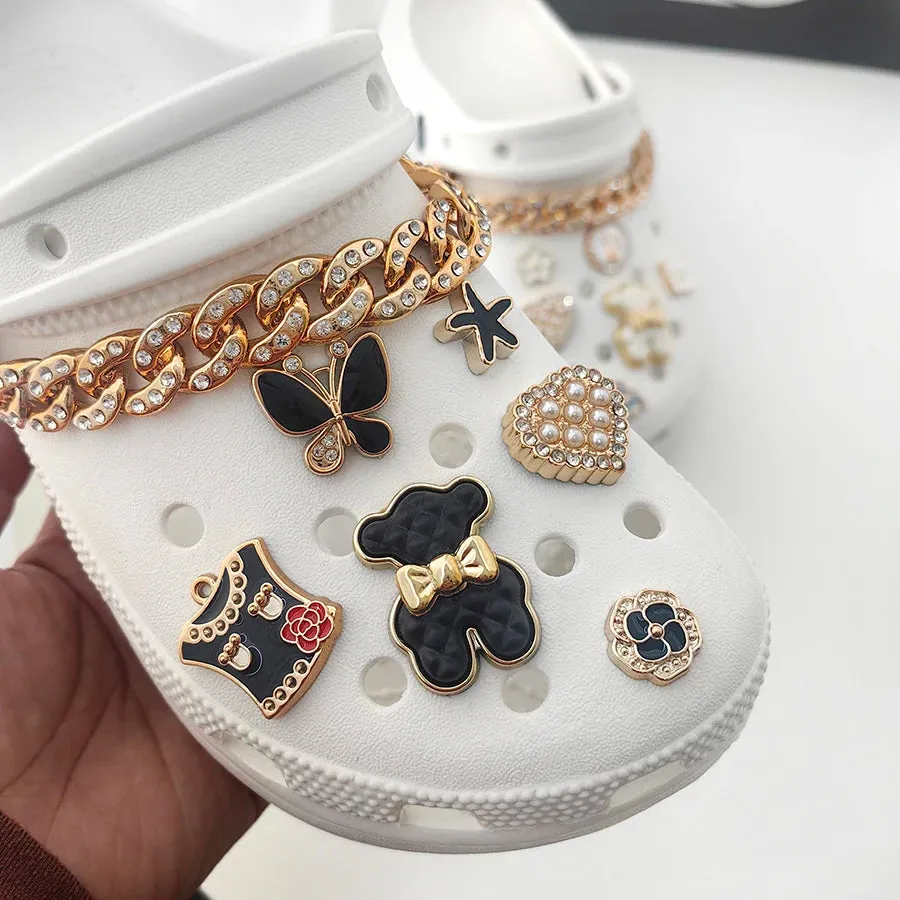 1 Set Cute Bear Faux Pearl Golden Chain Shoe Charms – Gift for Women & Girls