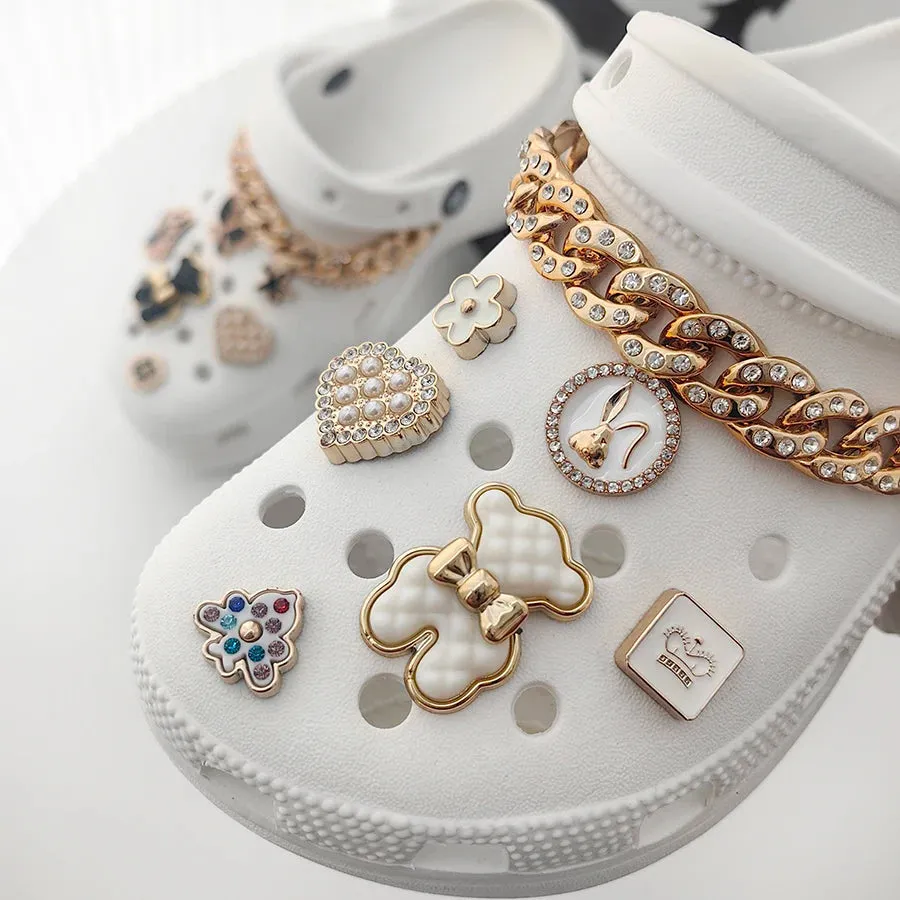 1 Set Cute Bear Faux Pearl Golden Chain Shoe Charms – Gift for Women & Girls