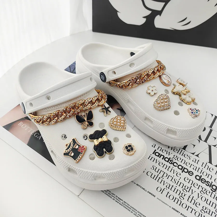 1 Set Cute Bear Faux Pearl Golden Chain Shoe Charms – Gift for Women & Girls