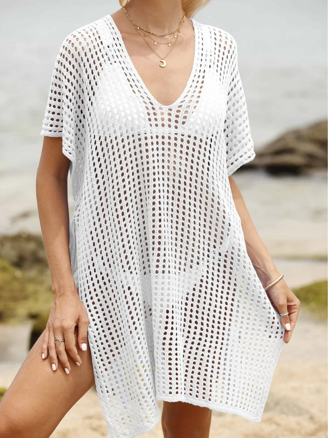 Breezy Hollow-Out Mesh Beach Cover-Up for Effortless Vacation Style