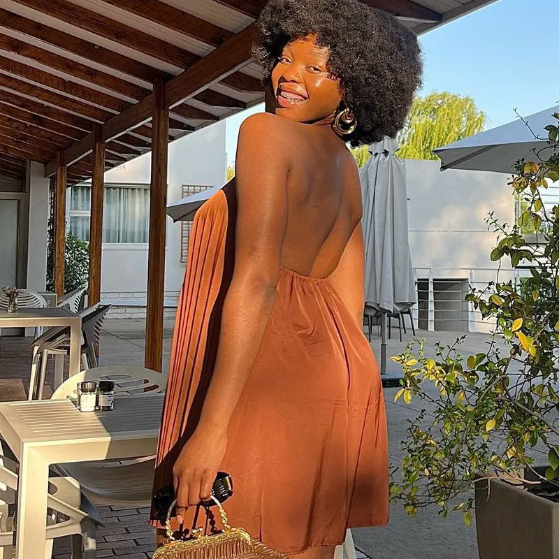 Chic Halter-Neck Pleated Mini Dress with Flowy Design
