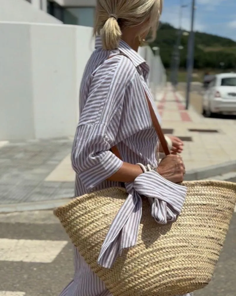 Colen - Classic Striped Lace Shirt Dress