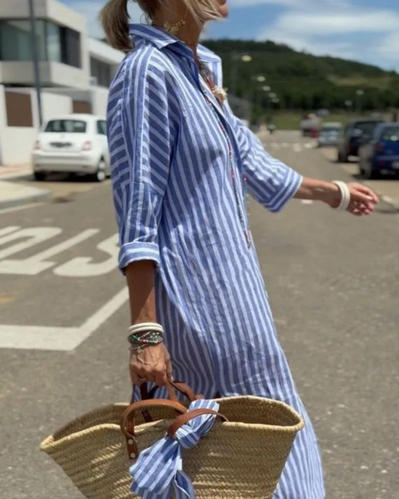 Colen - Classic Striped Lace Shirt Dress