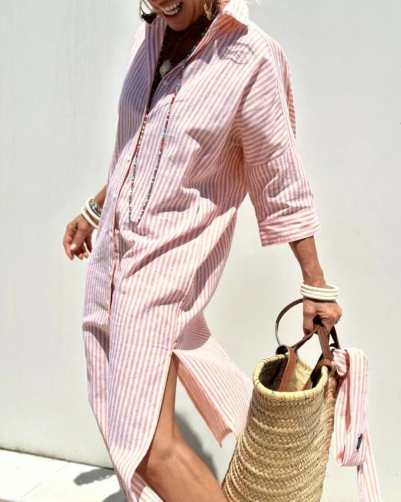 Colen - Classic Striped Lace Shirt Dress