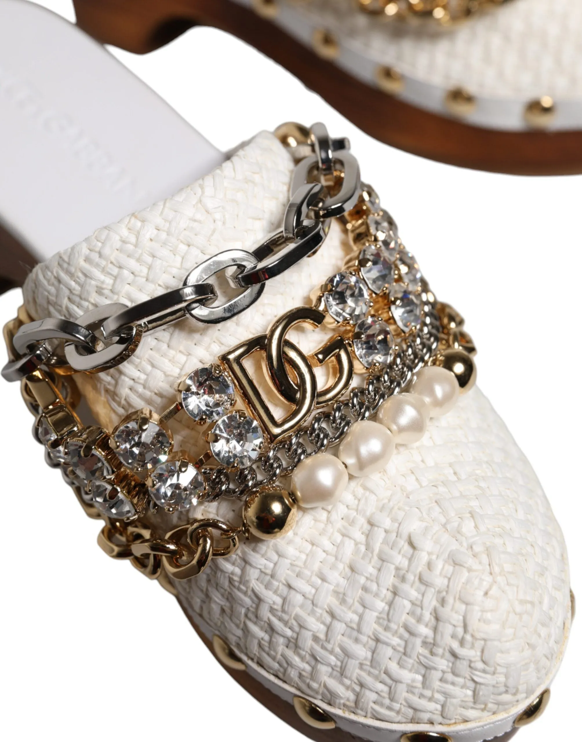 Dolce & Gabbana White Raffia Clogs Bejeweled Chain Sandals