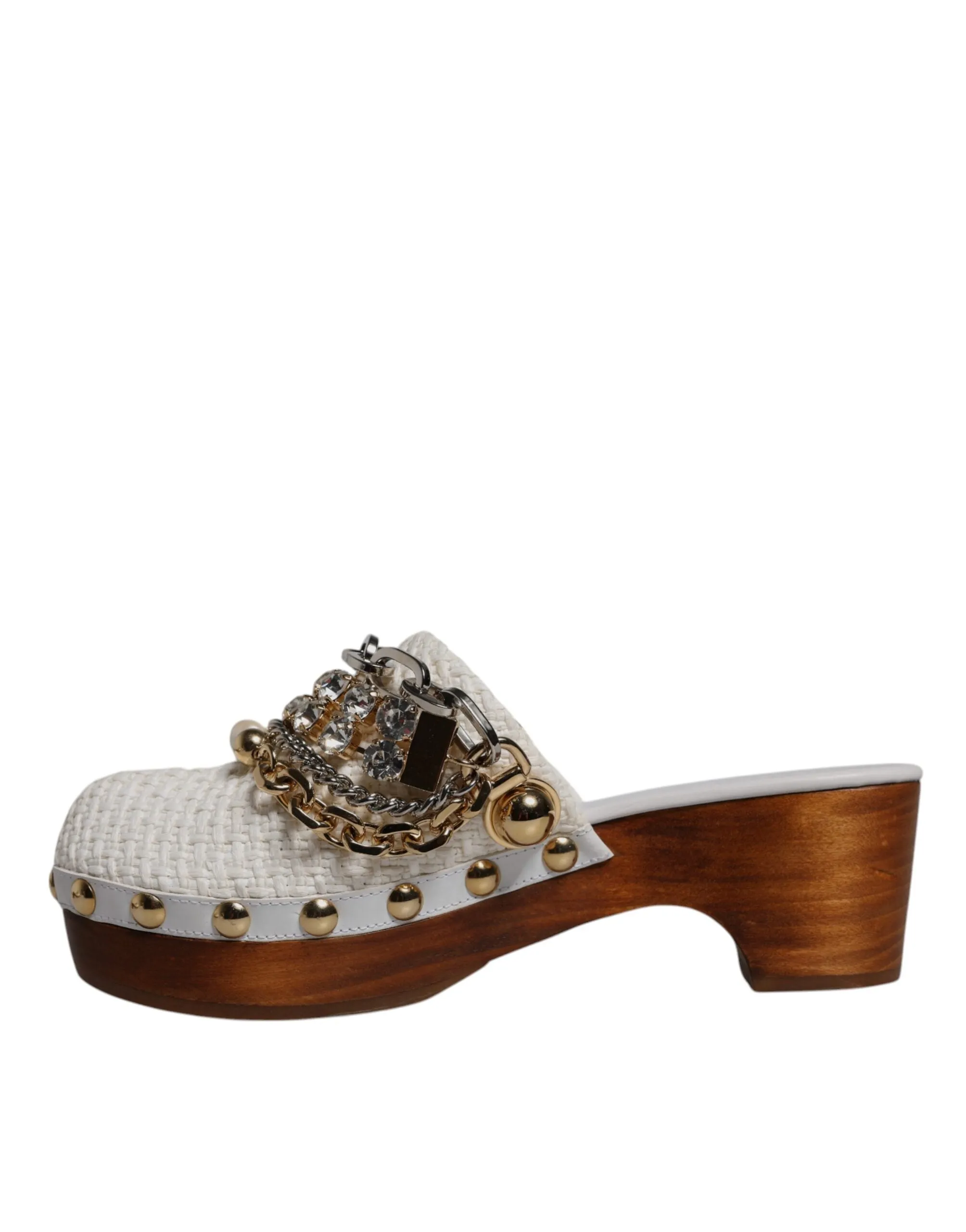 Dolce & Gabbana White Raffia Clogs Bejeweled Chain Sandals