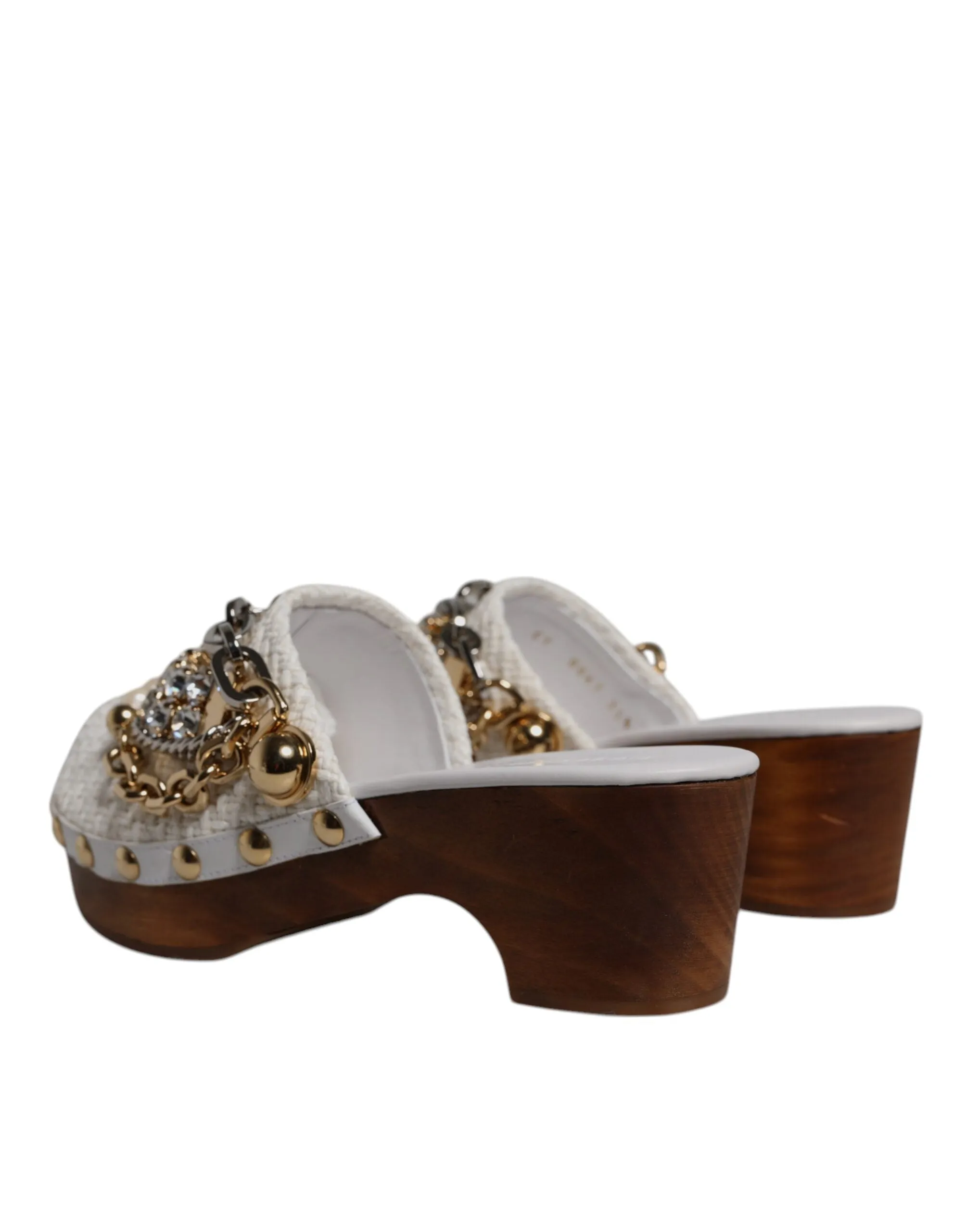 Dolce & Gabbana White Raffia Clogs Bejeweled Chain Sandals