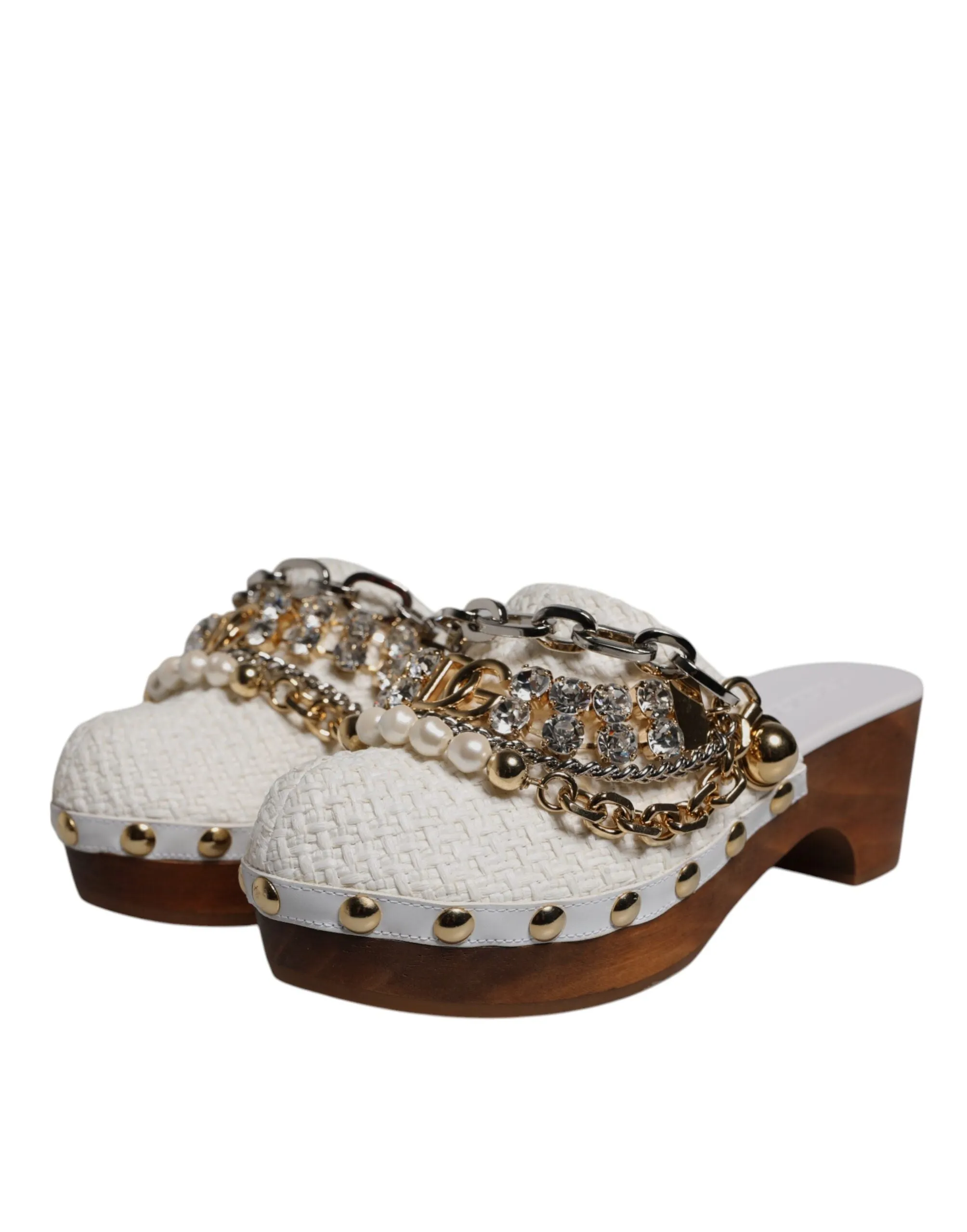 Dolce & Gabbana White Raffia Clogs Bejeweled Chain Sandals