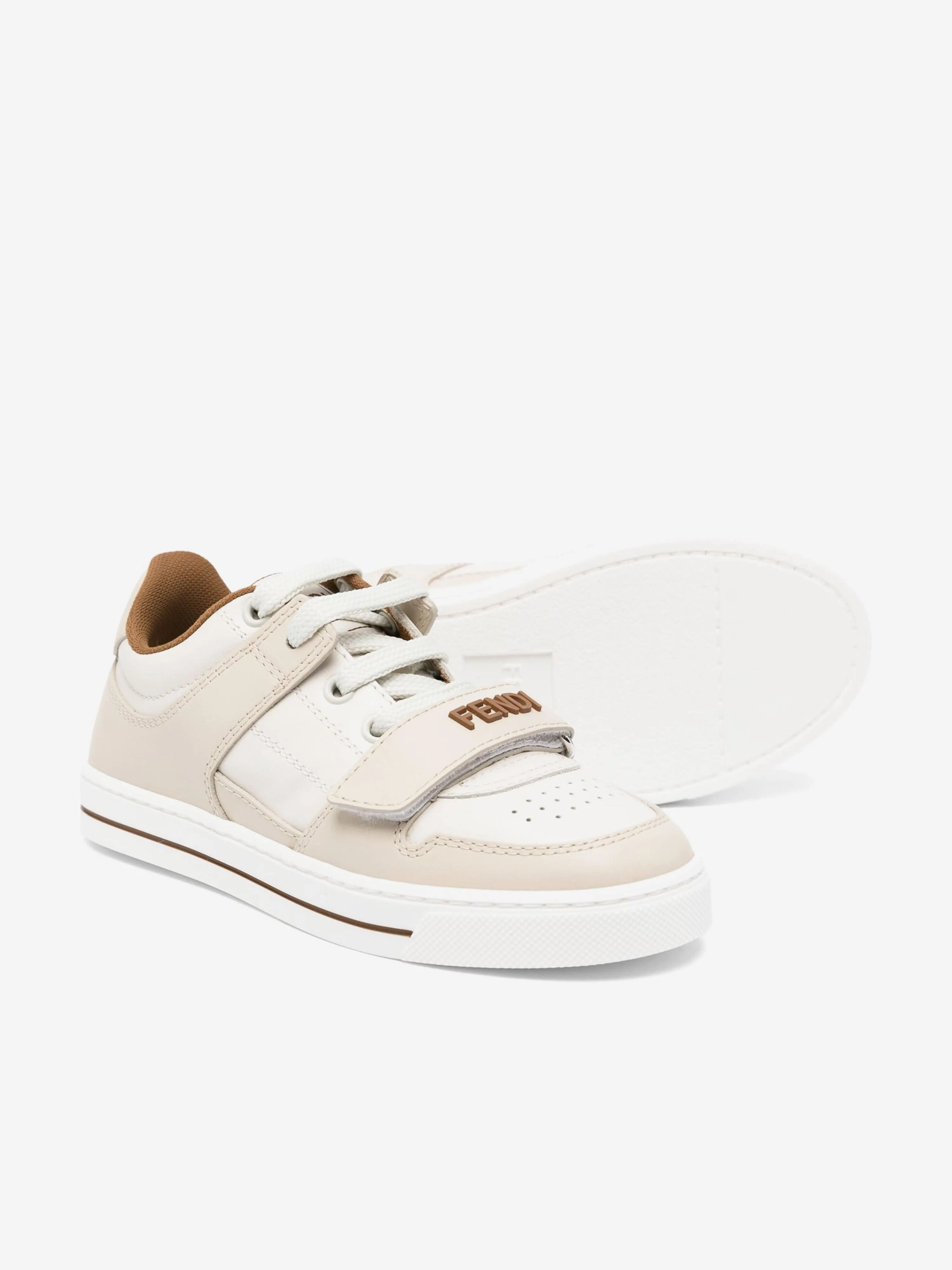 Fendi Kids Leather Logo Trainers in Beige