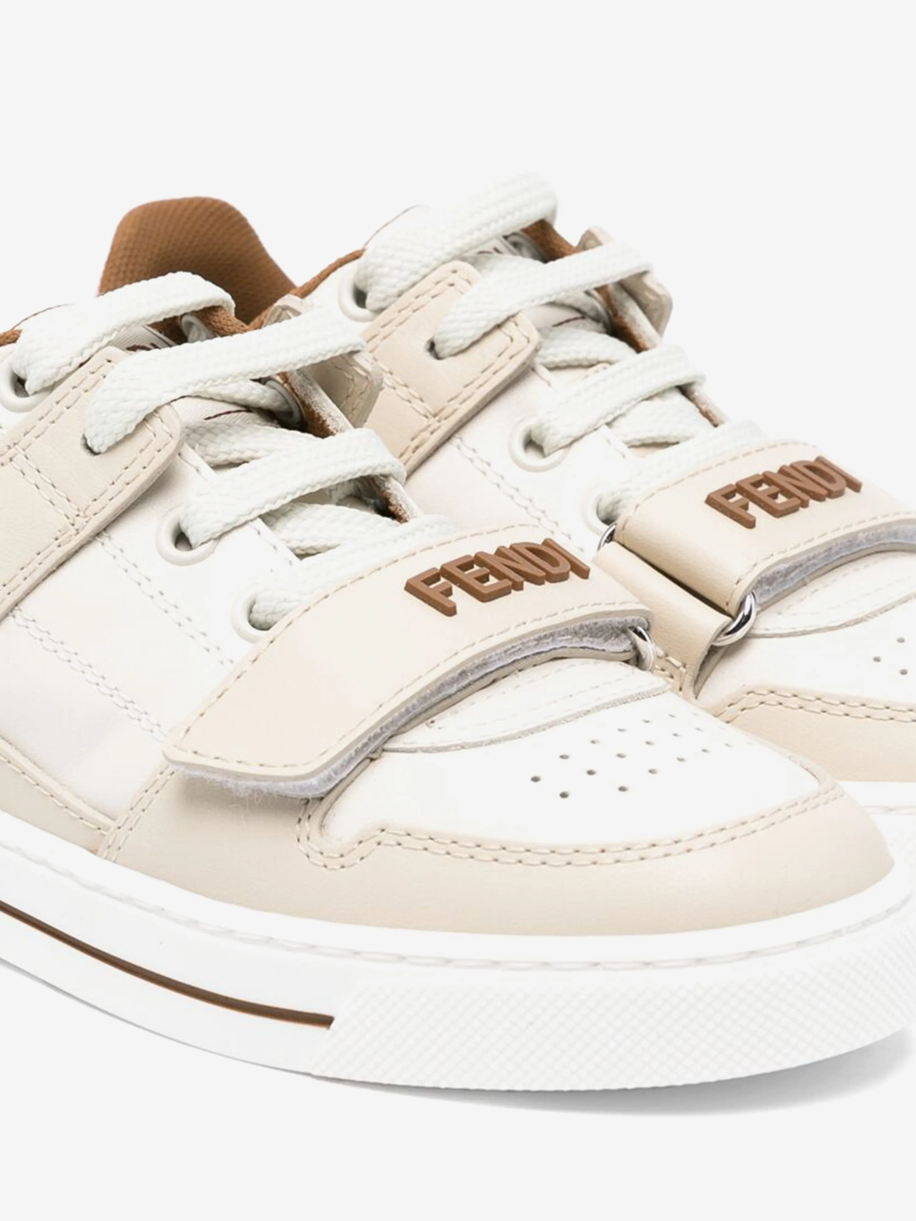 Fendi Kids Leather Logo Trainers in Beige