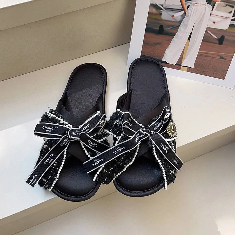 Luxury Tweed Bow Slide Sandals
