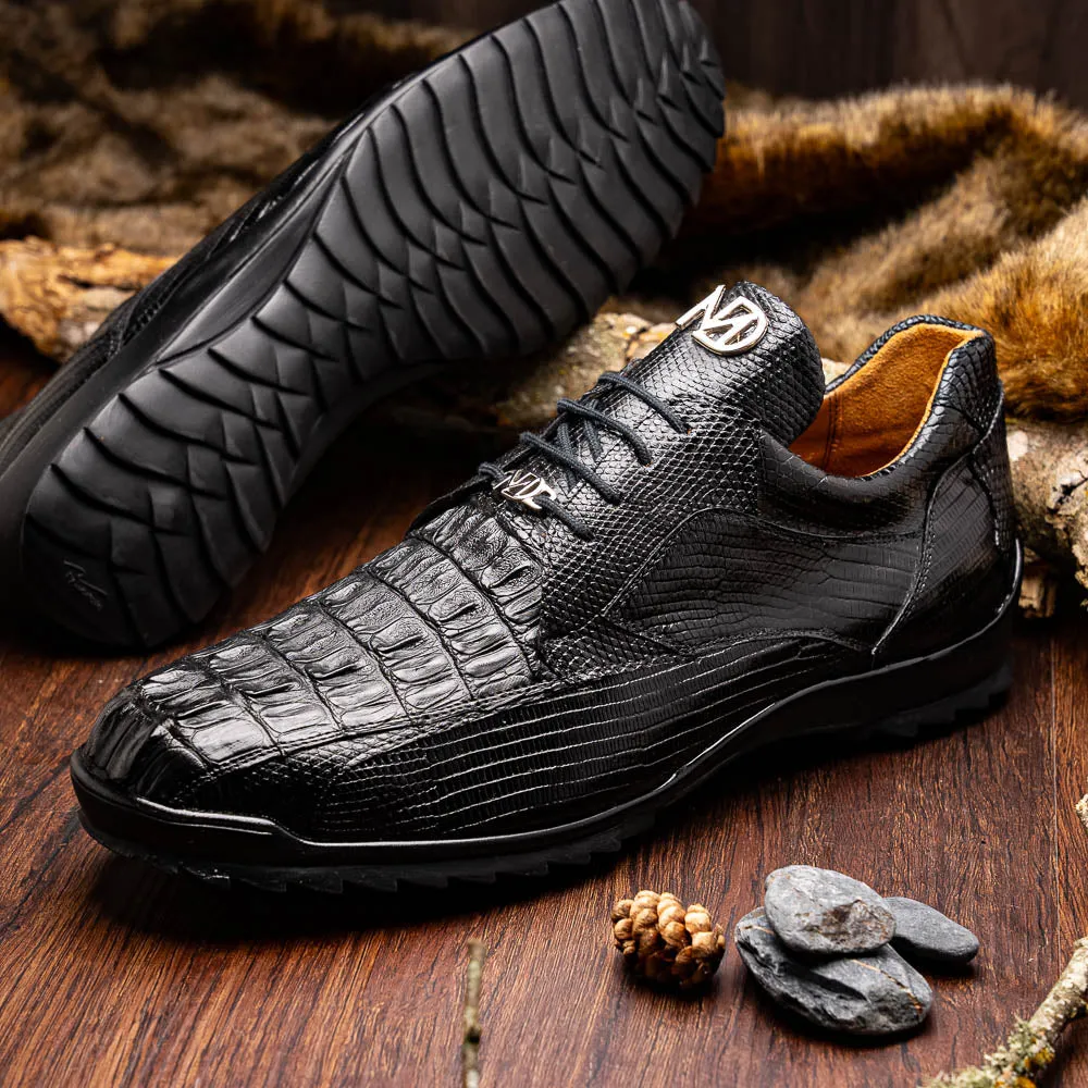 Marco Di Milano Crater Black Crocodile / Lizard Derby Sneakers