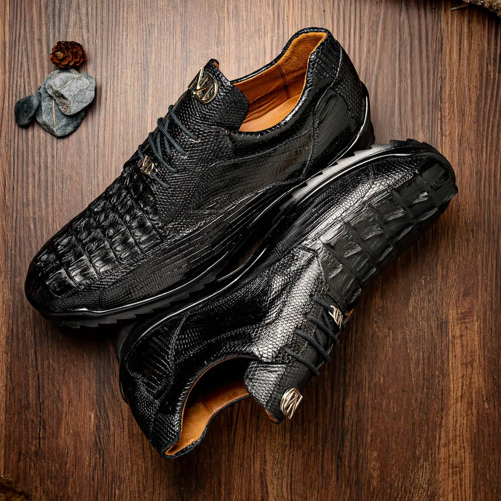 Marco Di Milano Crater Black Crocodile / Lizard Derby Sneakers