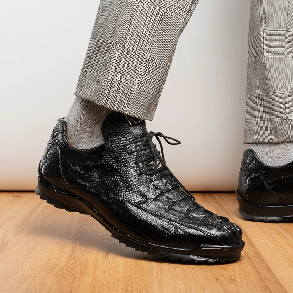 Marco Di Milano Crater Black Crocodile / Lizard Derby Sneakers