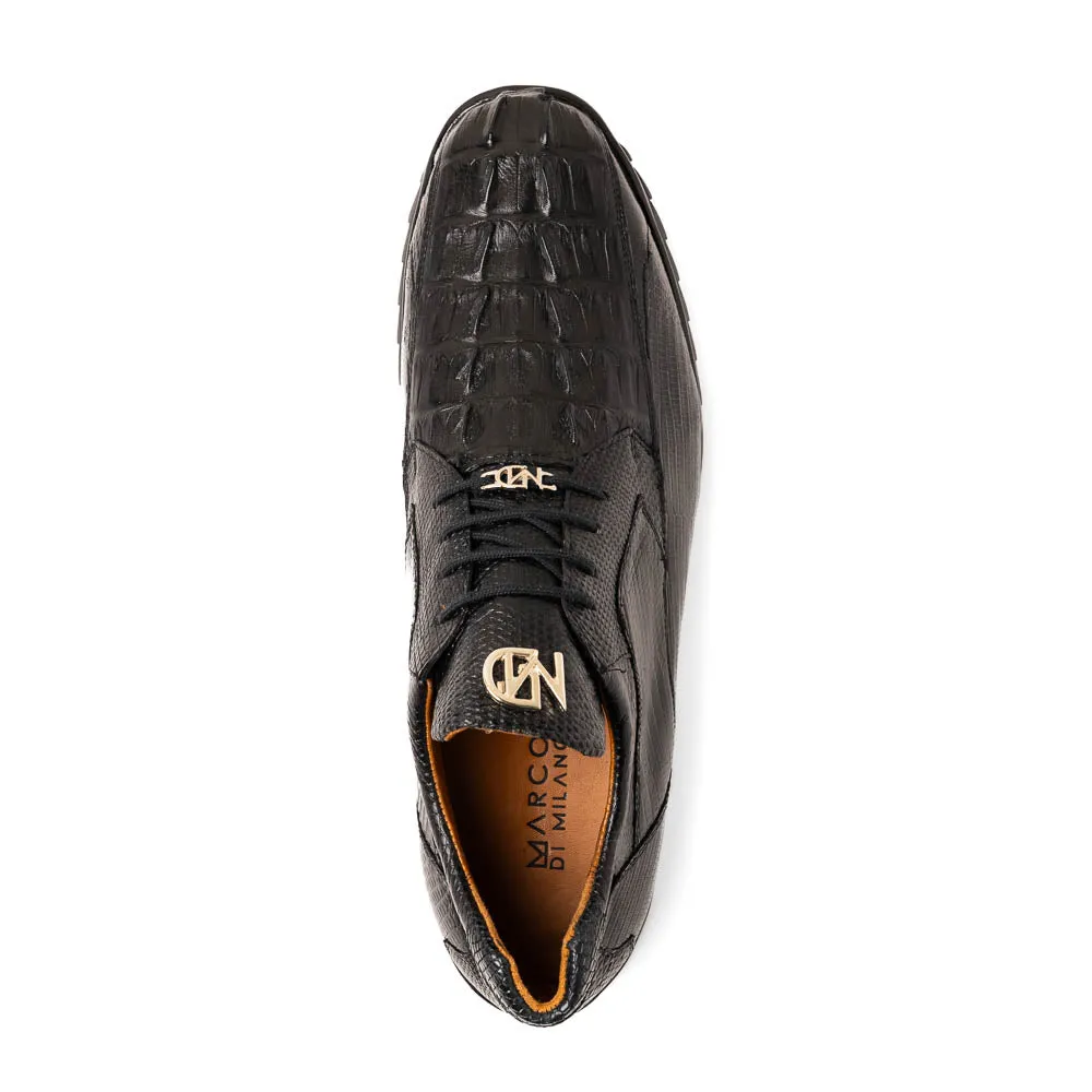 Marco Di Milano Crater Black Crocodile / Lizard Derby Sneakers