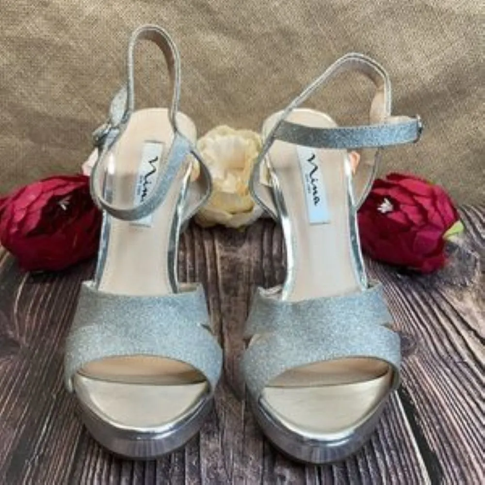 NINA Silver Glitter Shara Shimmery Platform Sandal 9.5M