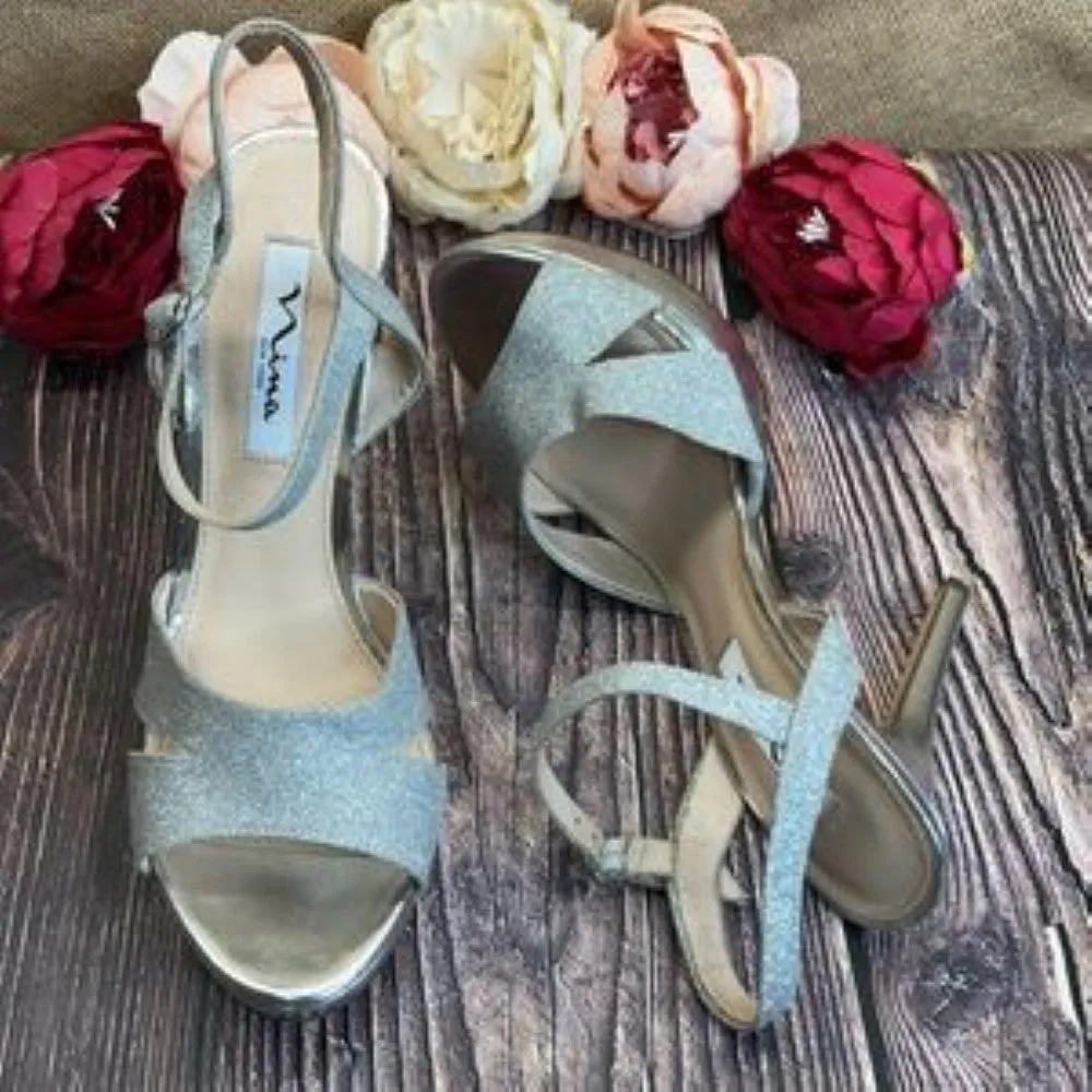 NINA Silver Glitter Shara Shimmery Platform Sandal 9.5M