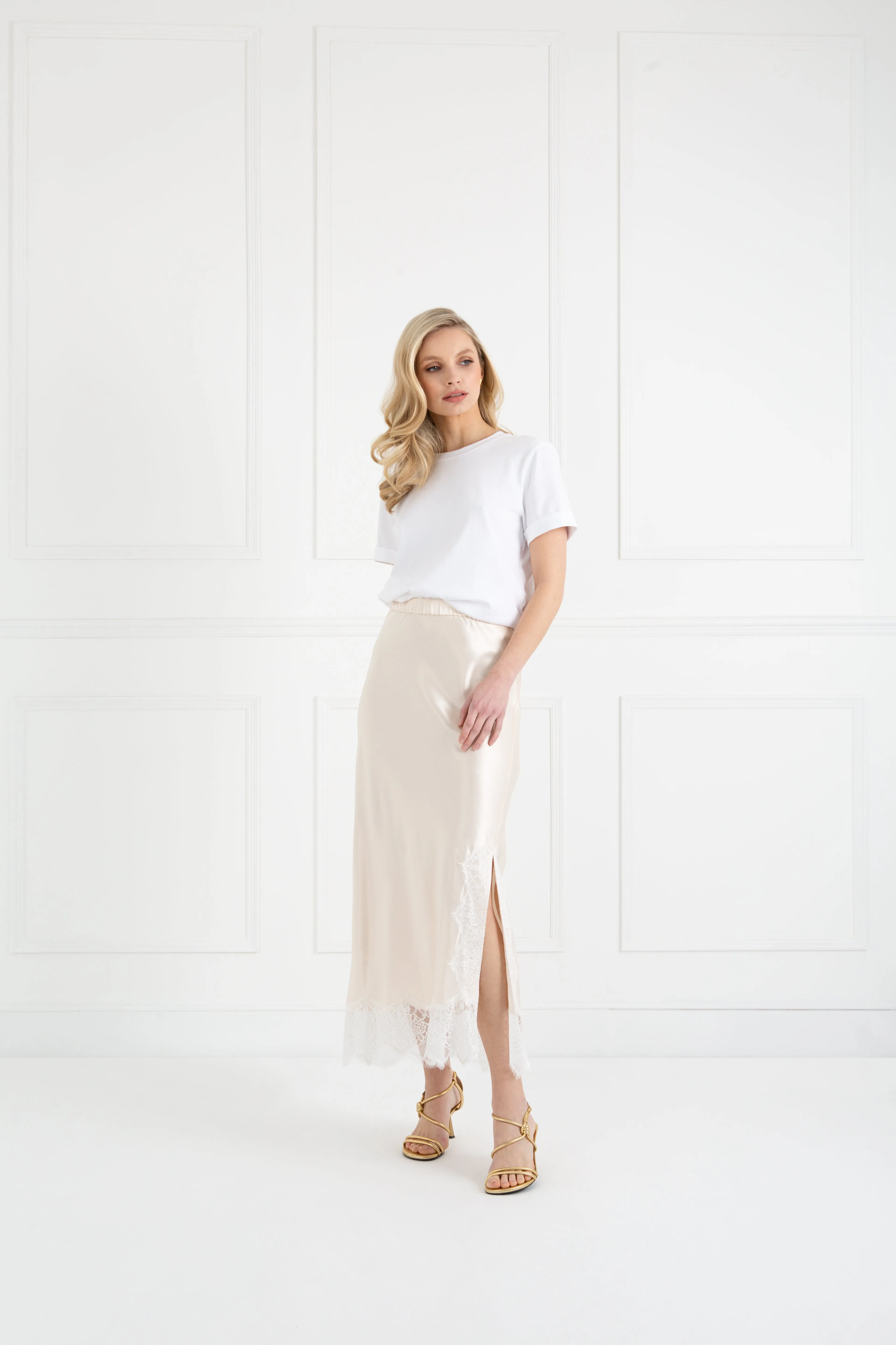 "The Orla" - Satin Lace Midi Skirt (Cream)