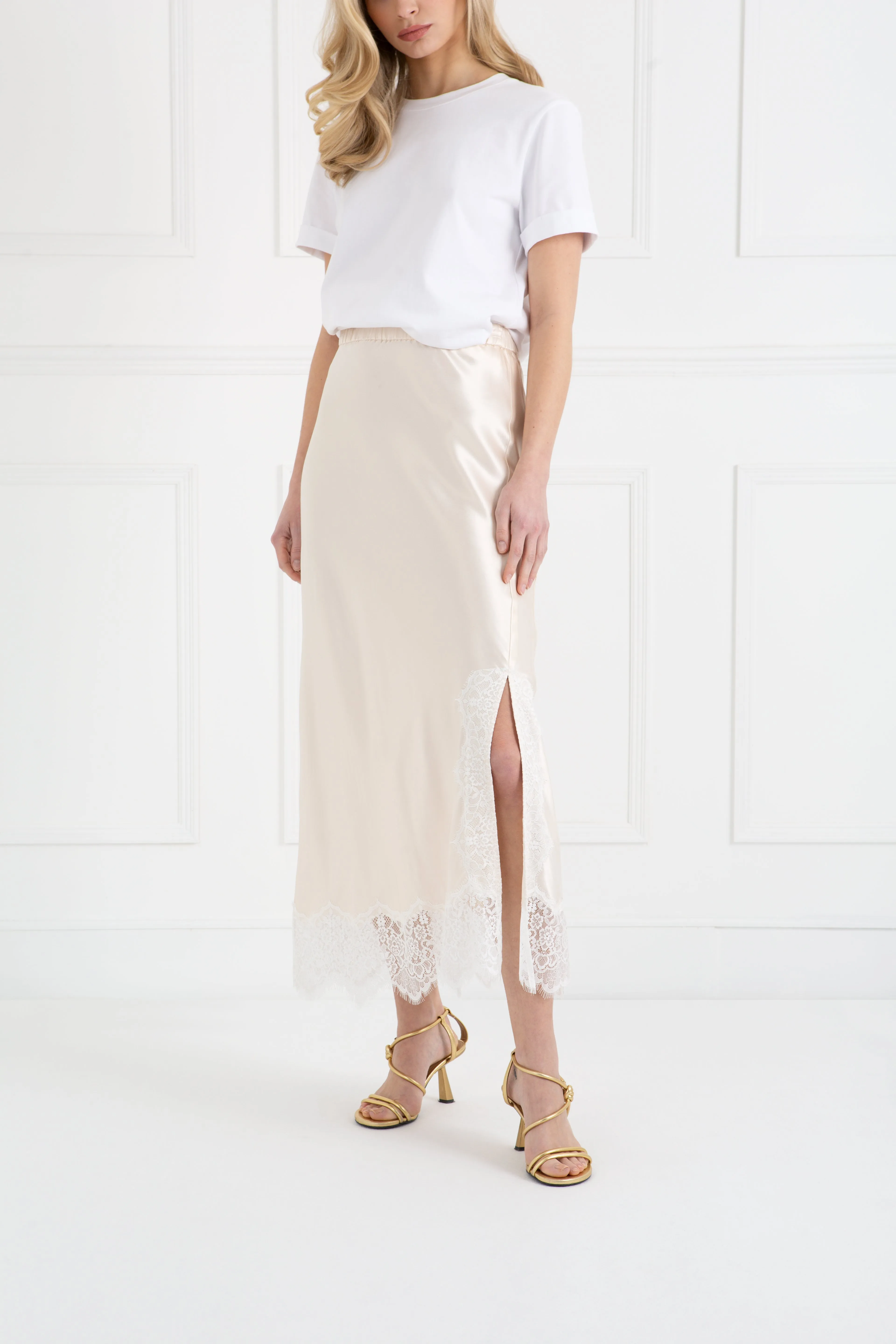 "The Orla" - Satin Lace Midi Skirt (Cream)