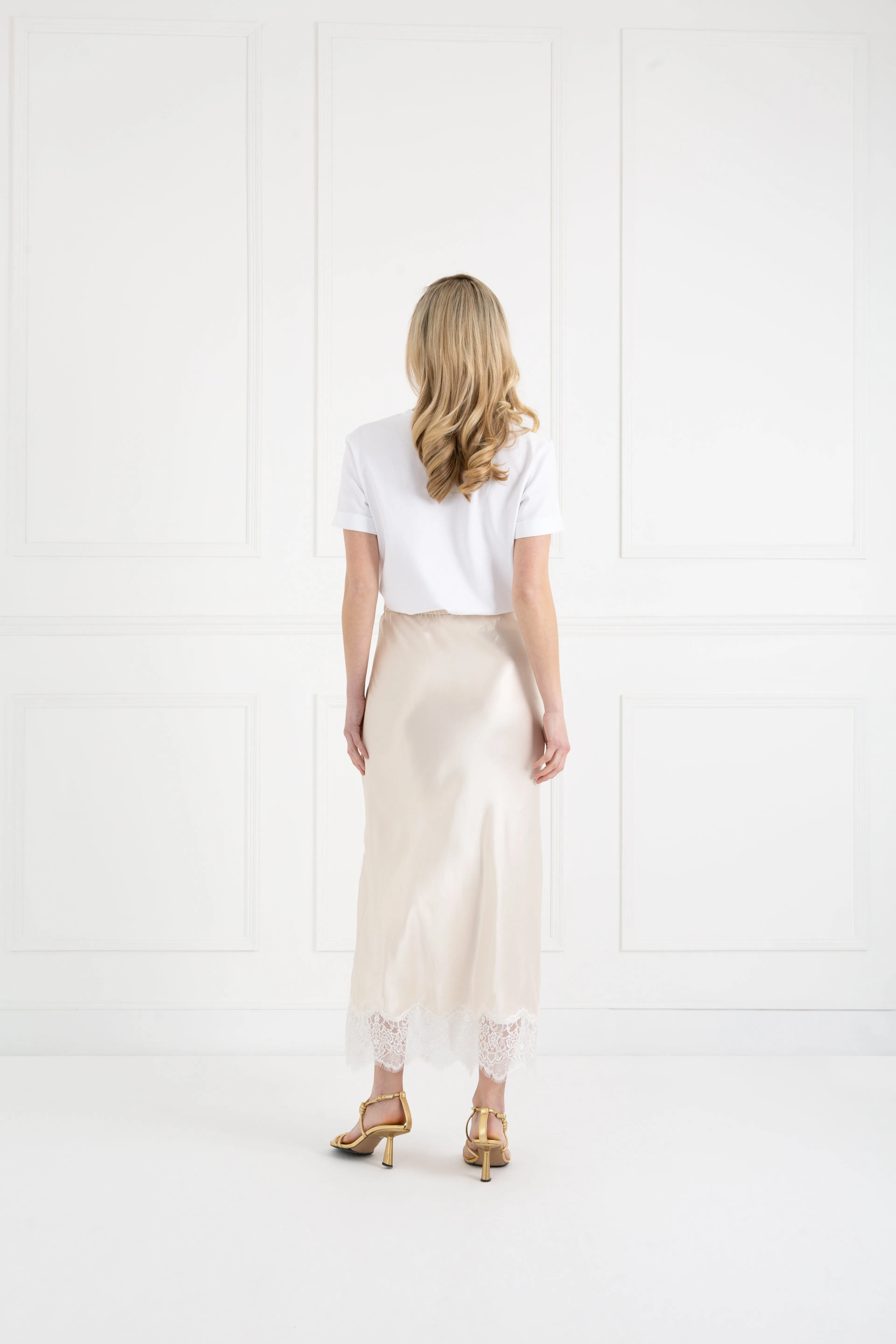 "The Orla" - Satin Lace Midi Skirt (Cream)