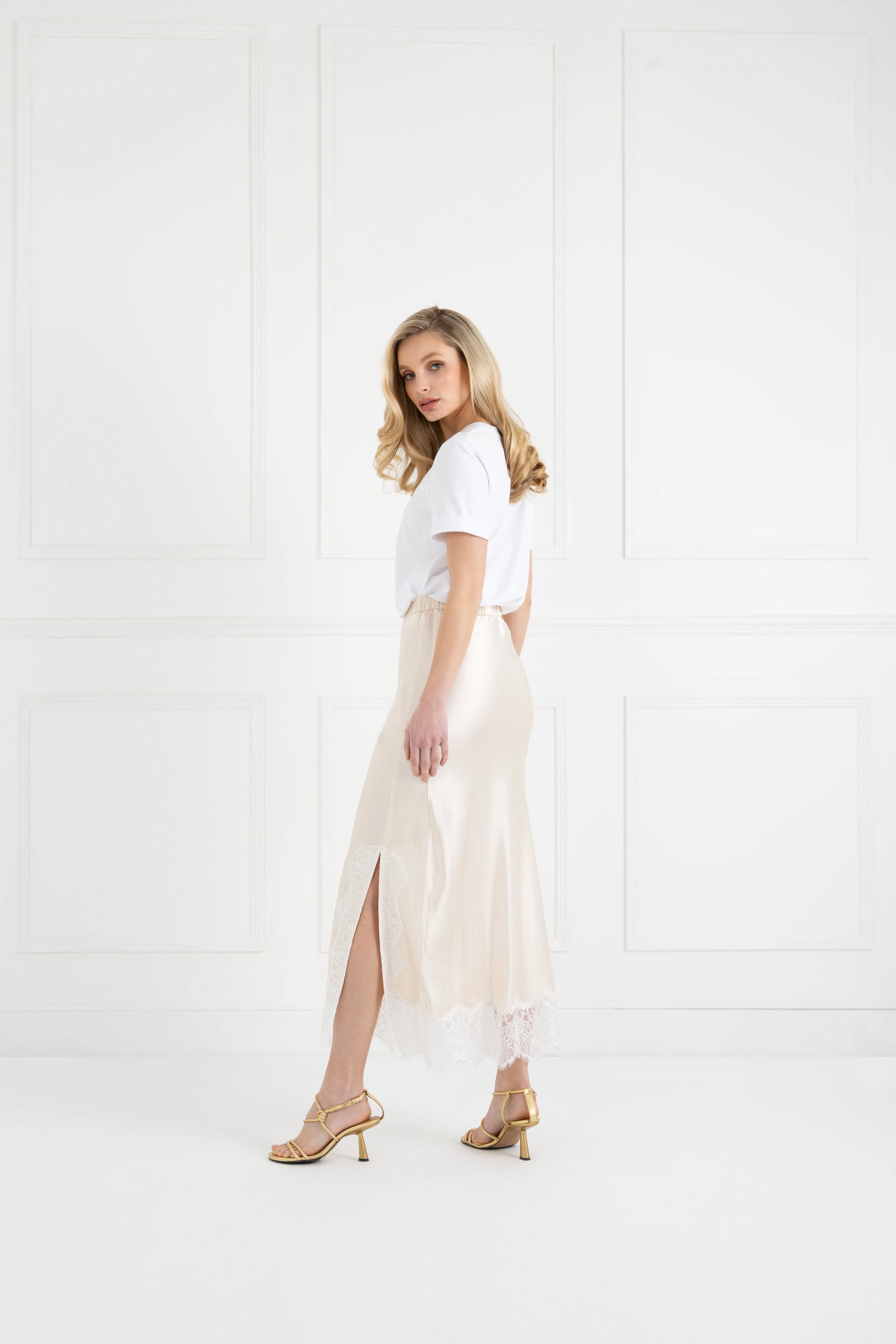 "The Orla" - Satin Lace Midi Skirt (Cream)