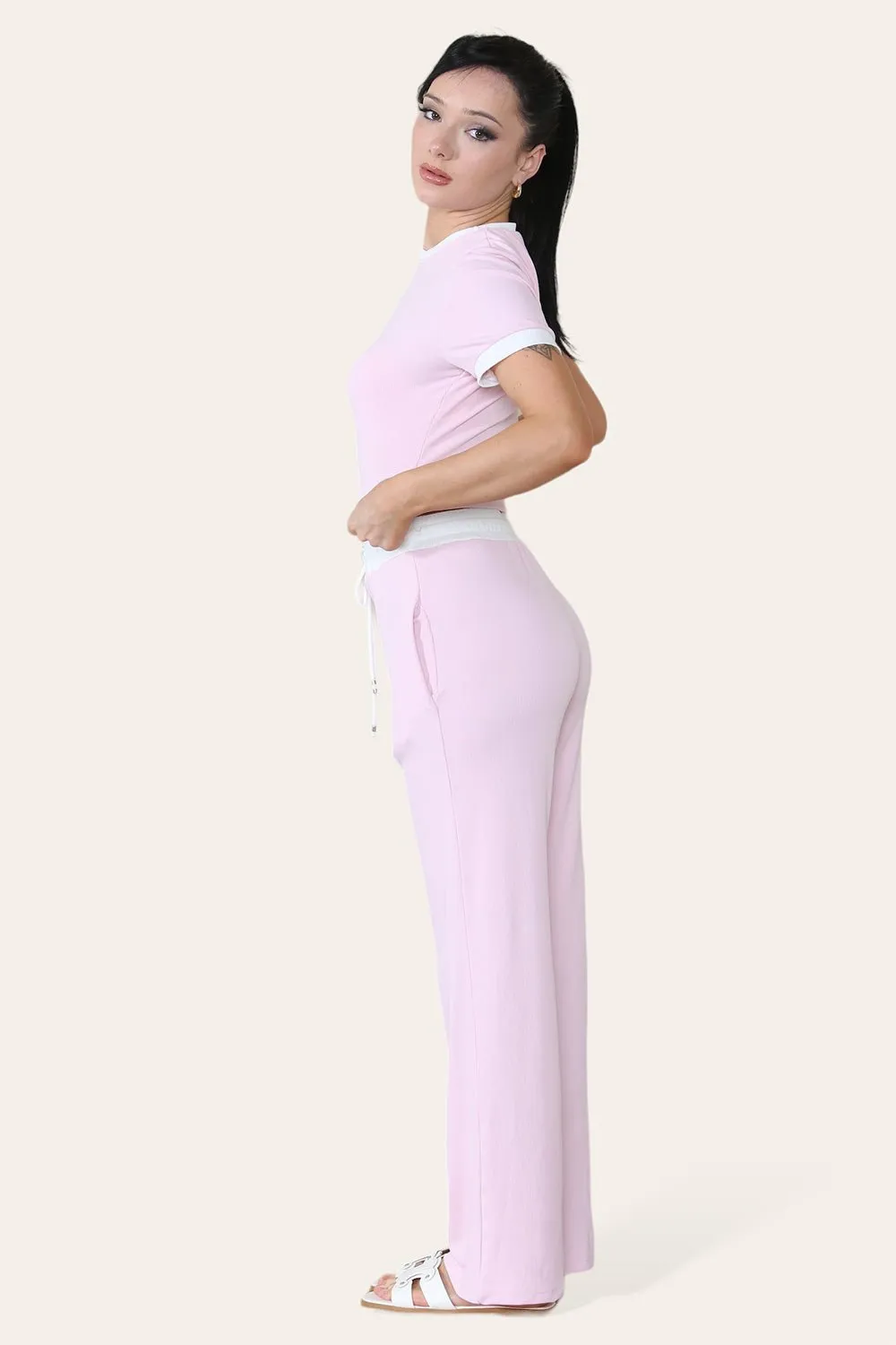 Ribbed Contrast Wide Leg Flared Trousers And Top Loungewear TRS Cropped Set