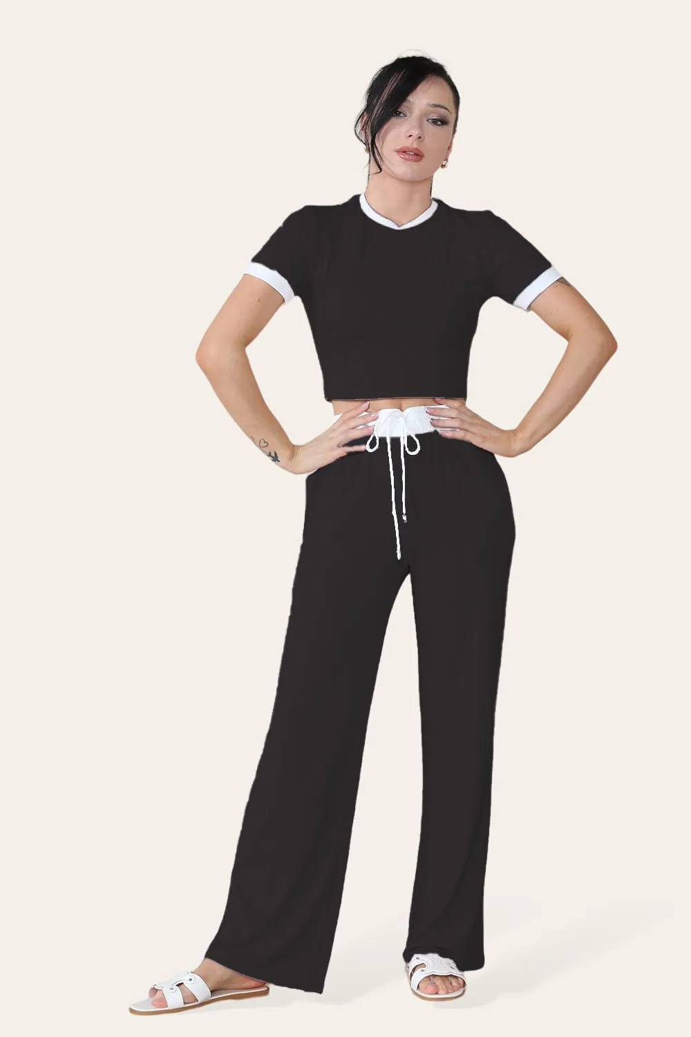 Ribbed Contrast Wide Leg Flared Trousers And Top Loungewear TRS Cropped Set