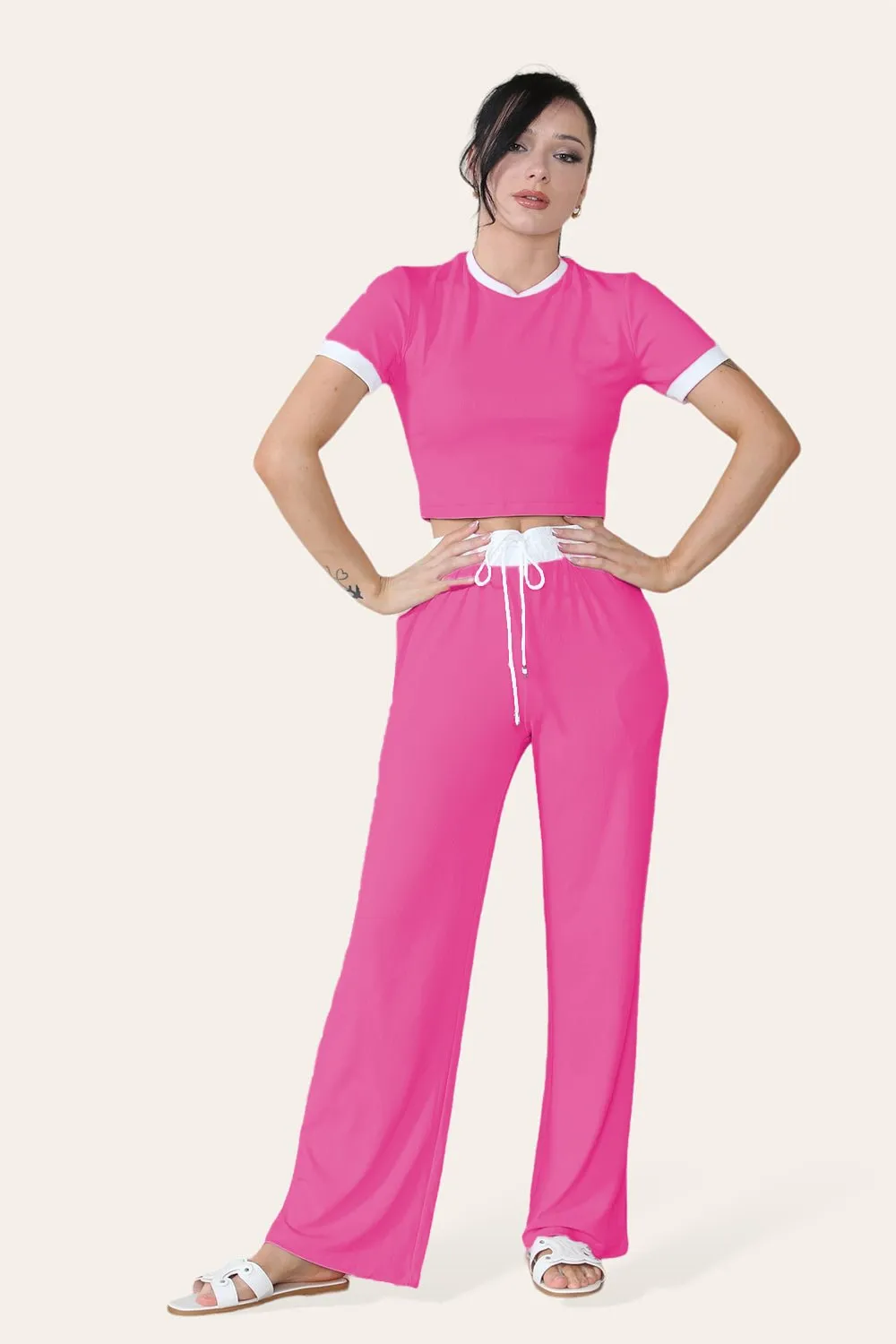 Ribbed Contrast Wide Leg Flared Trousers And Top Loungewear TRS Cropped Set
