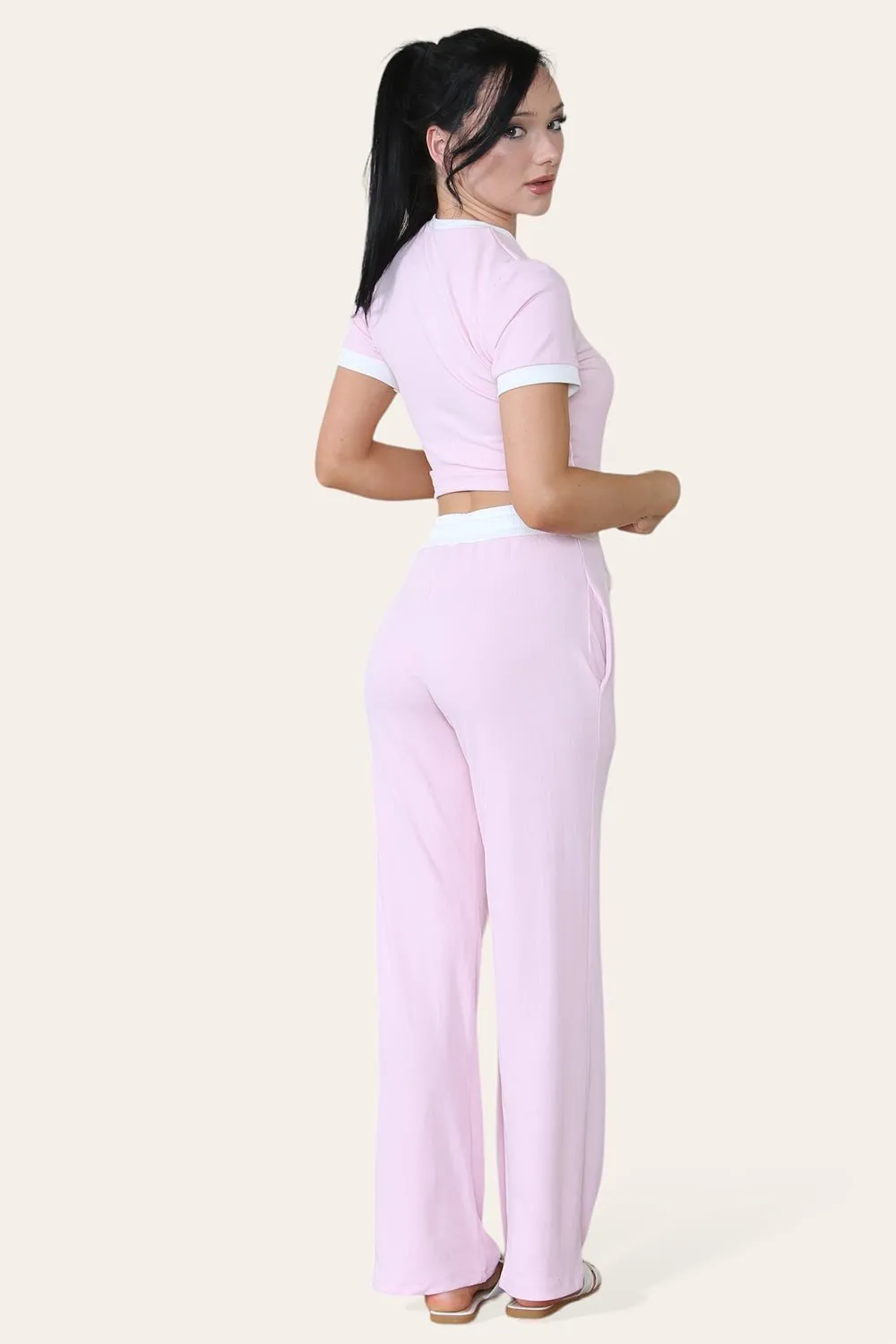 Ribbed Contrast Wide Leg Flared Trousers And Top Loungewear TRS Cropped Set