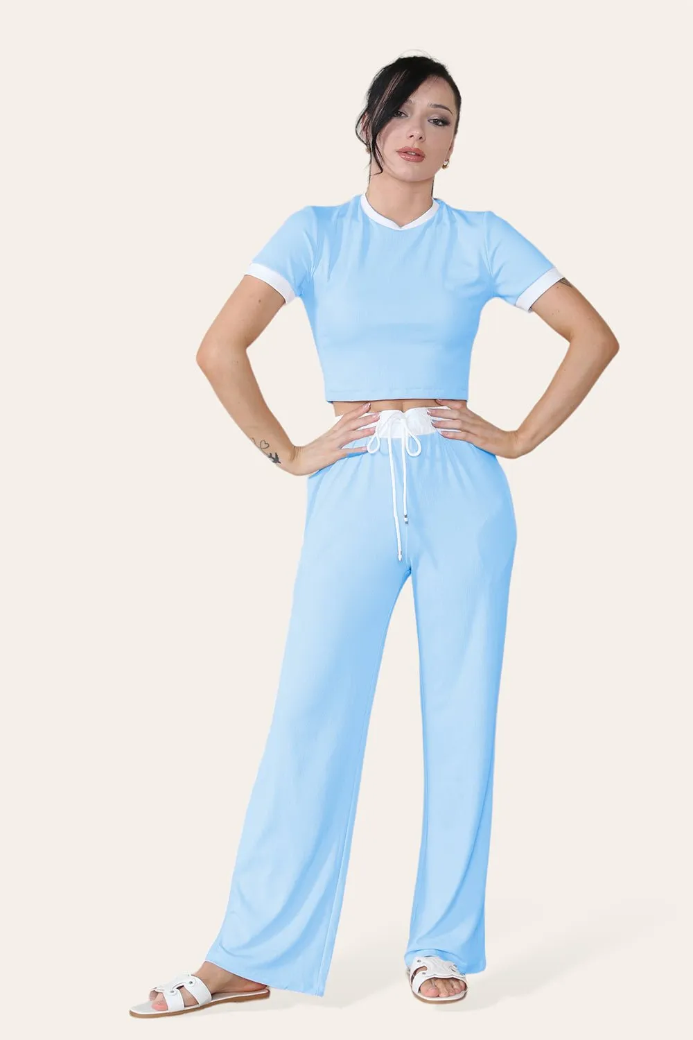 Ribbed Contrast Wide Leg Flared Trousers And Top Loungewear TRS Cropped Set