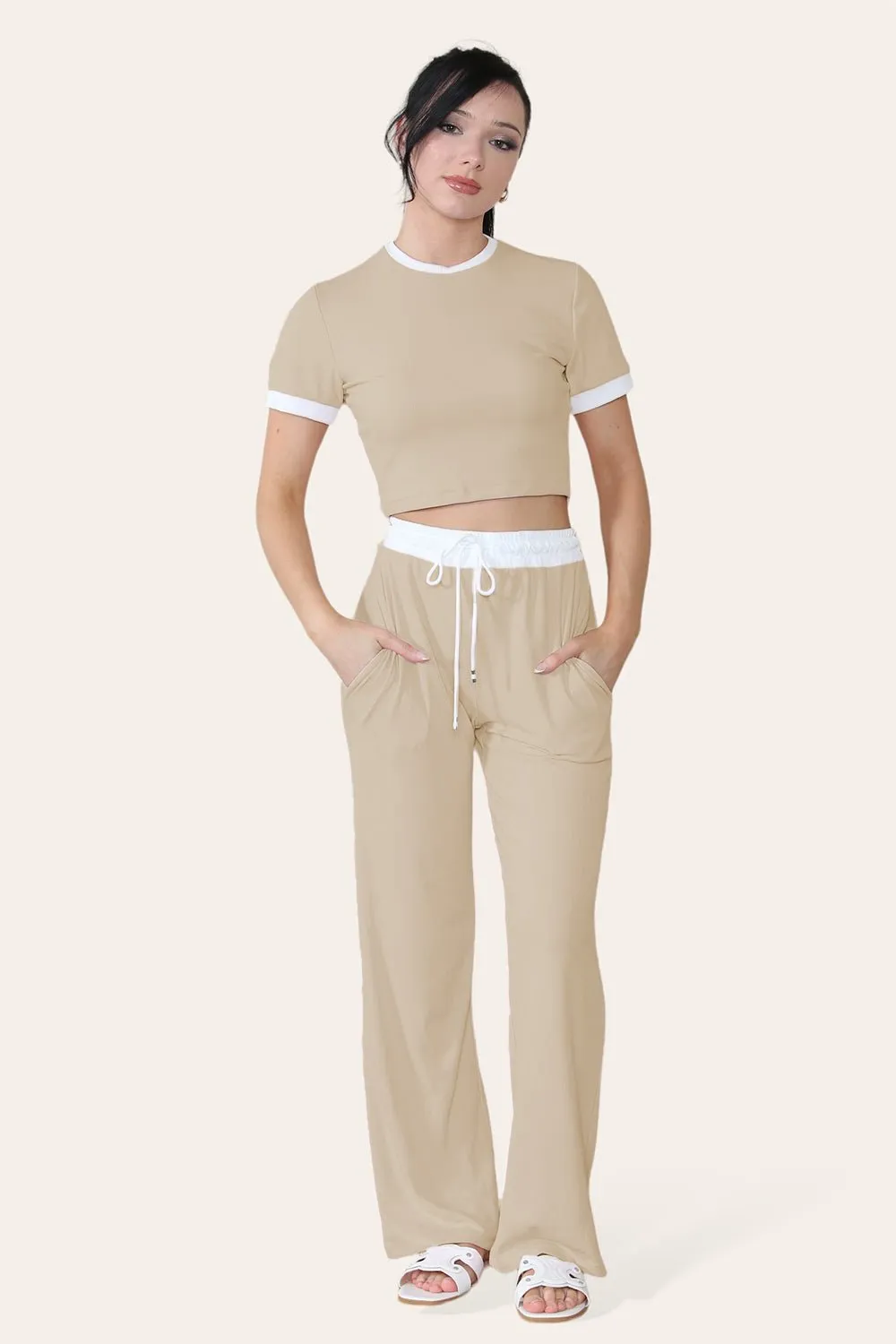 Ribbed Contrast Wide Leg Flared Trousers And Top Loungewear TRS Cropped Set