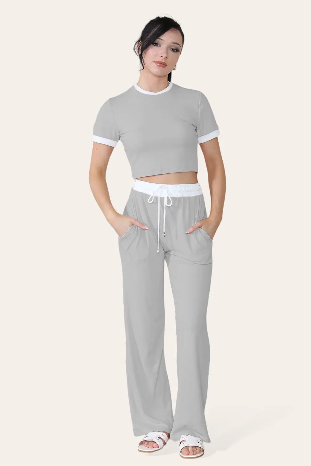 Ribbed Contrast Wide Leg Flared Trousers And Top Loungewear TRS Cropped Set