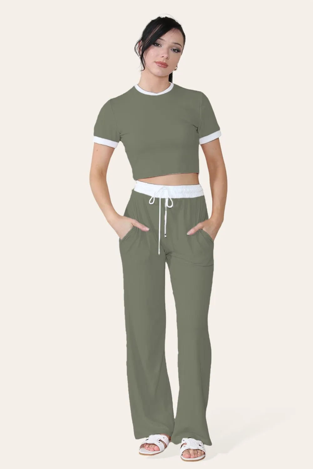 Ribbed Contrast Wide Leg Flared Trousers And Top Loungewear TRS Cropped Set