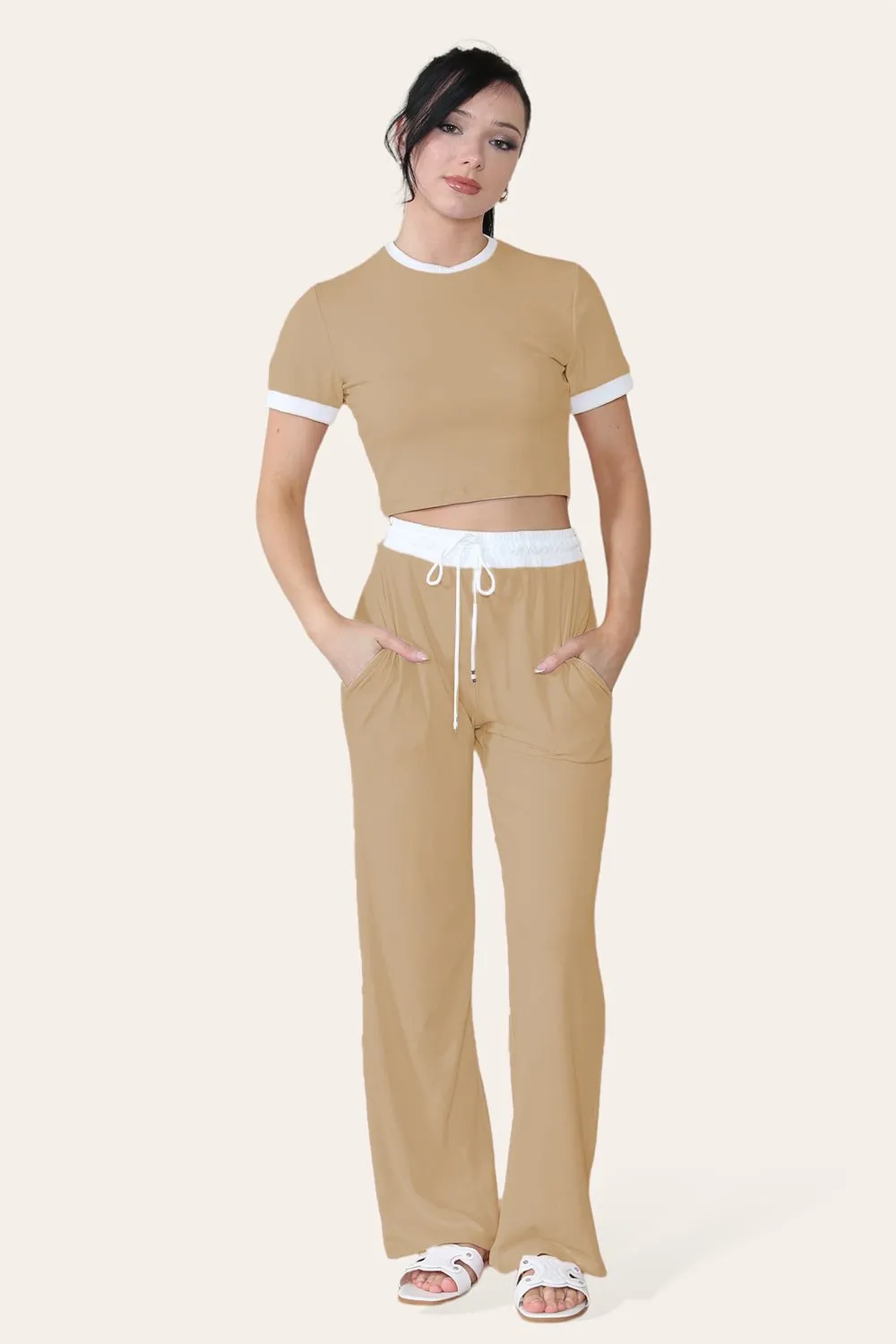 Ribbed Contrast Wide Leg Flared Trousers And Top Loungewear TRS Cropped Set