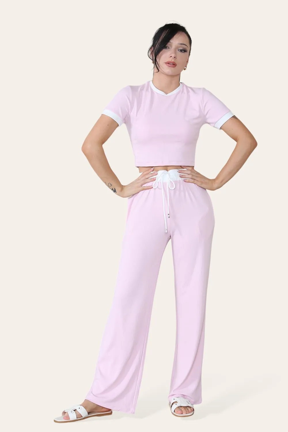 Ribbed Contrast Wide Leg Flared Trousers And Top Loungewear TRS Cropped Set