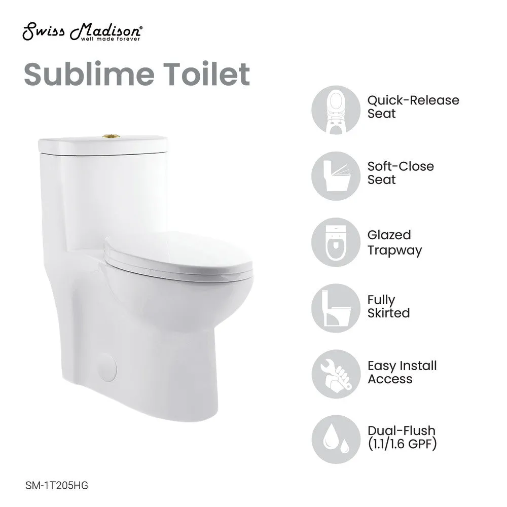 Sublime One Piece Elongated Toilet Dual Flush, Brushed Gold Hardware 1.1/1.6 gpf