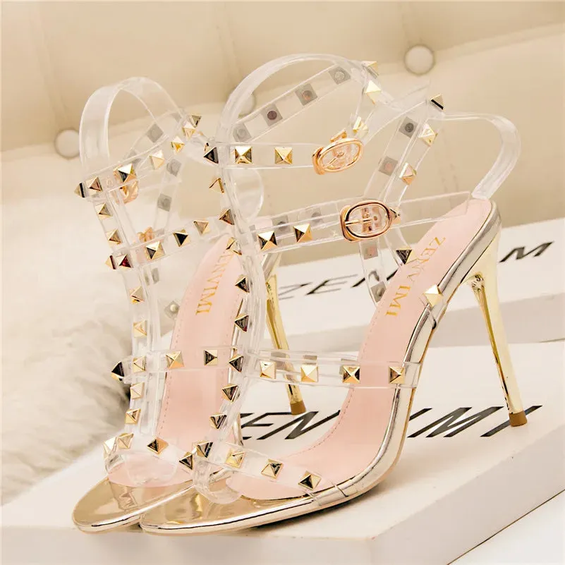 Summer Women 10cm Super High Heels Sandals Rivets Studded Stripper Valentine Strap Heels  Wedding Luxury Shoes
