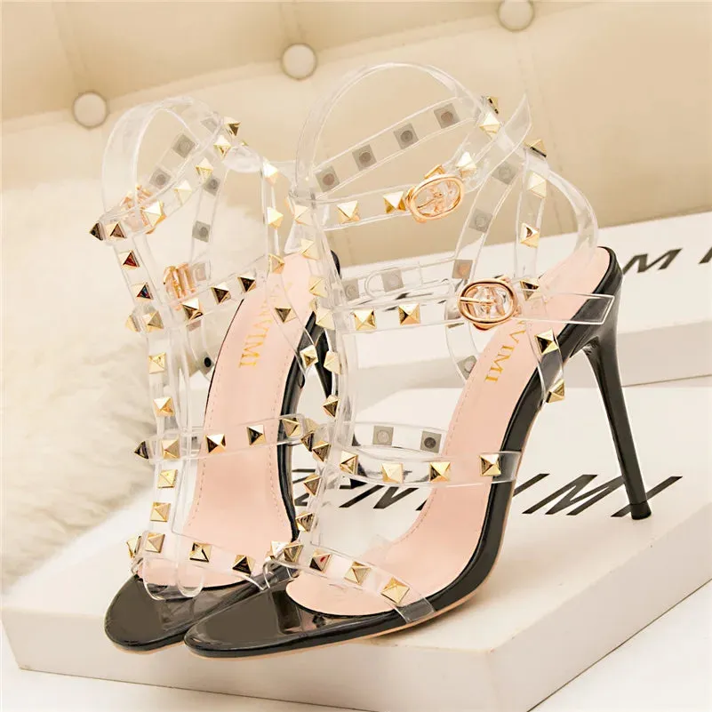 Summer Women 10cm Super High Heels Sandals Rivets Studded Stripper Valentine Strap Heels  Wedding Luxury Shoes