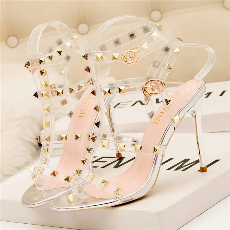 Summer Women 10cm Super High Heels Sandals Rivets Studded Stripper Valentine Strap Heels  Wedding Luxury Shoes