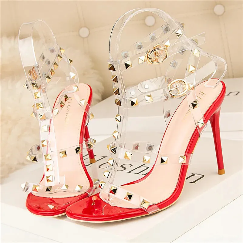 Summer Women 10cm Super High Heels Sandals Rivets Studded Stripper Valentine Strap Heels  Wedding Luxury Shoes