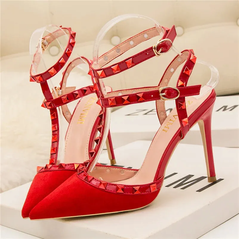 Summer Women 10cm Super High Heels Sandals Rivets Studded Stripper Valentine Strap Heels  Wedding Luxury Shoes