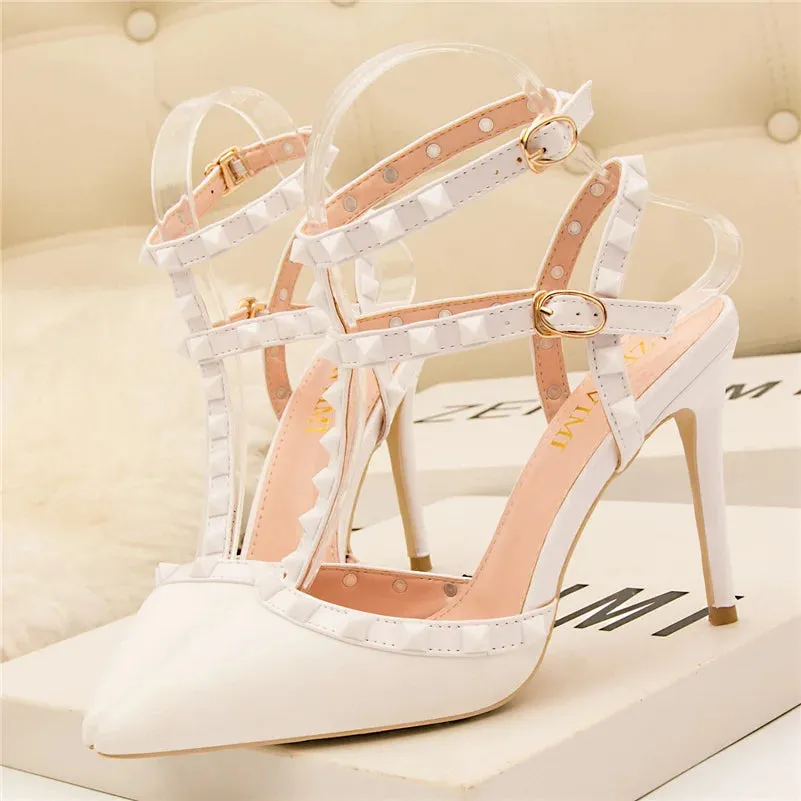 Summer Women 10cm Super High Heels Sandals Rivets Studded Stripper Valentine Strap Heels  Wedding Luxury Shoes