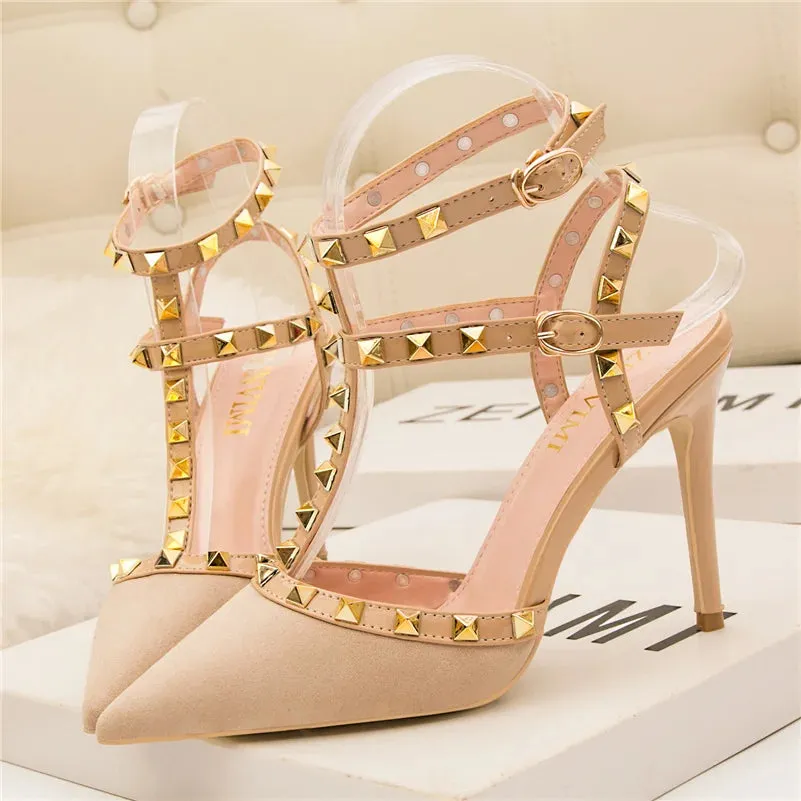 Summer Women 10cm Super High Heels Sandals Rivets Studded Stripper Valentine Strap Heels  Wedding Luxury Shoes