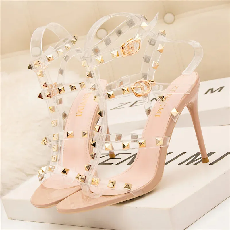 Summer Women 10cm Super High Heels Sandals Rivets Studded Stripper Valentine Strap Heels  Wedding Luxury Shoes