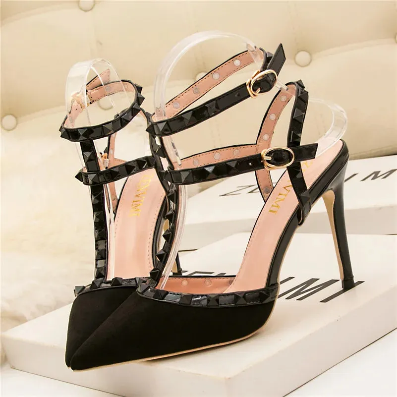 Summer Women 10cm Super High Heels Sandals Rivets Studded Stripper Valentine Strap Heels  Wedding Luxury Shoes