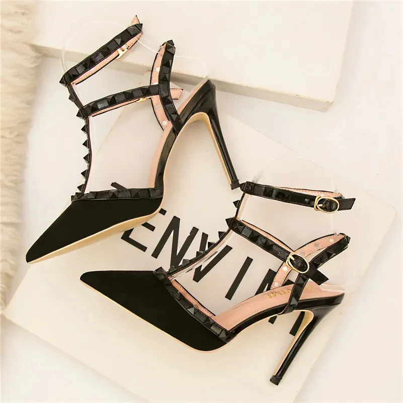 Summer Women 10cm Super High Heels Sandals Rivets Studded Stripper Valentine Strap Heels  Wedding Luxury Shoes