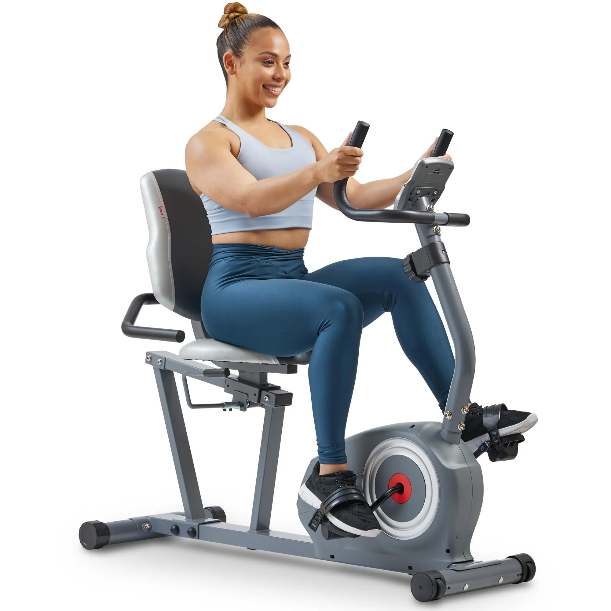Sunny Health & Fitness Essentials Series Magnetic Smart Recumbent Bike with Exclusive SunnyFit App Enhanced Bluetooth Connectivity – SF-RB422003