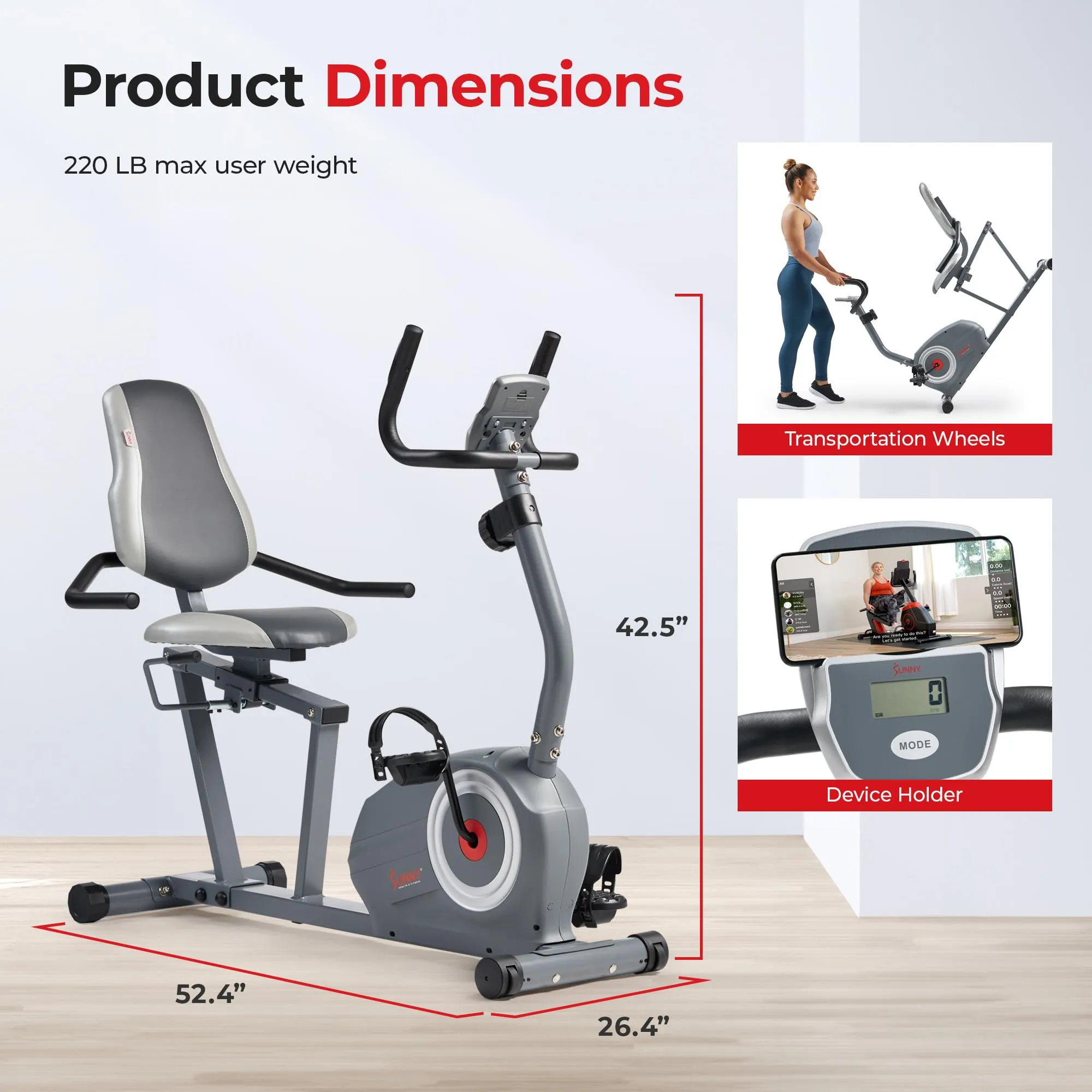 Sunny Health & Fitness Essentials Series Magnetic Smart Recumbent Bike with Exclusive SunnyFit App Enhanced Bluetooth Connectivity – SF-RB422003